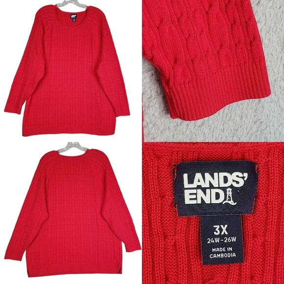 Lands End Sweater Women’s Plus Size 3X Red Pullover Crewneck Cable Knit - Picture 1 of 9